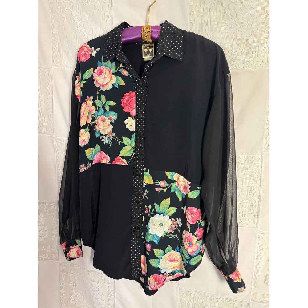 VTG 80's/90's Black Patchwork Floral Polka Dot Romantic Goth Sheer Sleeve Blouse